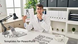  Presentation with ophthalmology - Presentation design enhanced with young-hispanic-man-working background and a light gray colored foreground