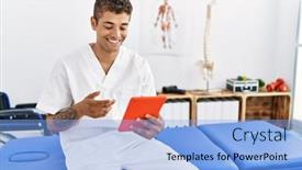  Presentation with physiotherapy - Presentation design consisting of young-hispanic-man-working background and a light blue colored foreground