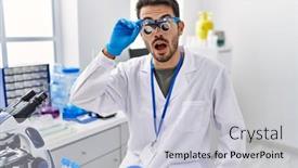  Presentation with scientist - Presentation design with young-hispanic-man-working background and a light gray colored foreground