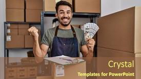  Presentation with business man climbs up to the top of 3d success stairs steps - Presentation theme featuring young-hispanic-man-working background and a tawny brown colored foreground