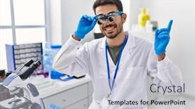  Presentation with scientist - Slide set with young-hispanic-man-working background and a light gray colored foreground