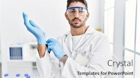  Presentation with scientist - PPT theme having young-hispanic-man-working background and a white colored foreground