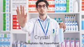  Presentation with pharmacy granules - PPT theme having young-hispanic-man-working background and a lemonade colored foreground