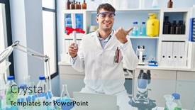  Presentation with scientist - Presentation having young-hispanic-man-working background and a light blue colored foreground