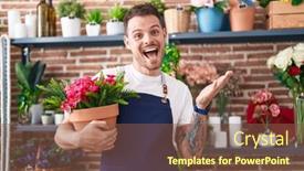  Presentation with hand holding plant - Presentation enhanced with young-hispanic-man-working background and a tawny brown colored foreground