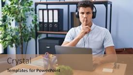  Presentation with working - Presentation design featuring young-hispanic-man-working background and a coral colored foreground