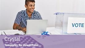  Presentation with politics - PPT theme with young-hispanic-man-working background and a coral colored foreground