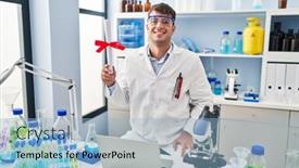  Presentation with scientist - Slide set enhanced with young-hispanic-man-working background and a light blue colored foreground