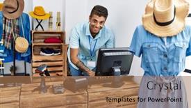  Presentation with retail - PPT layouts having young-hispanic-man-working background and a coral colored foreground