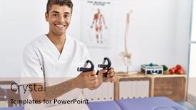  Presentation with physiotherapy - PPT layouts consisting of young-hispanic-man-working background and a coral colored foreground