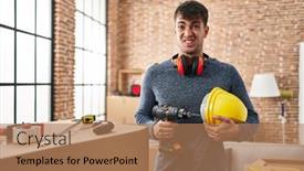  Presentation with home renovation - Slide set featuring young-hispanic-man-working background and a coral colored foreground