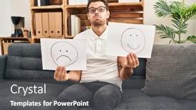  Presentation with happy sad face man - Theme consisting of young-hispanic-man-working background and a dark gray colored foreground