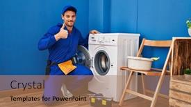  Presentation with working - Presentation theme having young-hispanic-man-working background and a coral colored foreground