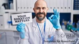  Presentation with donation - Slide deck featuring young-hispanic-man-working background and a light blue colored foreground