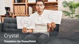  Presentation with happy sad face man - Theme enhanced with young-hispanic-man-working background and a dark gray colored foreground