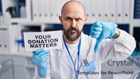  Presentation with donation - Slide deck with young-hispanic-man-working background and a light blue colored foreground