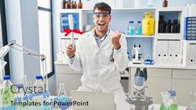  Presentation with scientist - Presentation theme consisting of young-hispanic-man-working and a light gray colored foreground