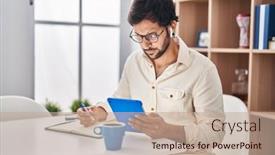  Presentation with notebook - Slide set consisting of young-hispanic-man-writing background and a mint green colored foreground