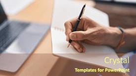  Presentation with notebook - Presentation theme featuring young-hispanic-man-writing and a coral colored foreground