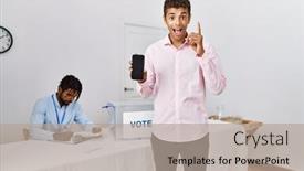  Presentation with political campaign - PPT theme featuring young-hispanic-men-at-political background and a mint green colored foreground