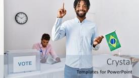  Presentation with political campaign - Presentation theme enhanced with young-hispanic-men-at-political background and a light blue colored foreground