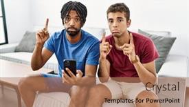  Presentation with smartphone - PPT theme consisting of young-hispanic-men-using-smartphone background and a coral colored foreground