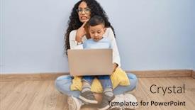  Presentation with forefinger - Presentation design consisting of young-hispanic-mother-and-kid background and a coral colored foreground