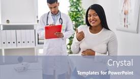  Presentation with baby doctor - PPT theme featuring young-hispanic-mother-expecting background and a light blue colored foreground