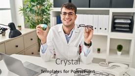  Presentation with blonde holding magnifying glass - Theme with young-hispanic-oculist-holding-glasses background and a light gray colored foreground