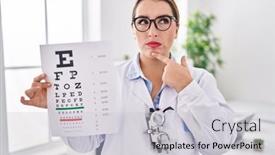  Presentation with medical hand - Slide deck enhanced with young-hispanic-optician-woman-holding background and a light gray colored foreground