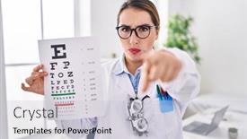  Presentation with confident young hispanic woman - PPT theme with young-hispanic-optician-woman-holding background and a light gray colored foreground