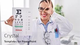  Presentation with eye medical - Slides featuring young-hispanic-optician-woman-holding background and a light gray colored foreground