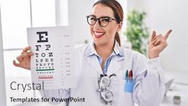  Presentation with exam - Presentation theme with young-hispanic-optician-woman-holding background and a light gray colored foreground
