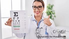  Presentation with medical sign - PPT theme consisting of young-hispanic-optician-woman-holding and a light gray colored foreground