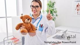  Presentation with teddy bear - Slide deck having young-hispanic-pediatrician-woman-holding background and a light gray colored foreground