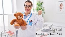  Presentation with pediatrician - PPT theme featuring young-hispanic-pediatrician-woman-holding background and a light gray colored foreground