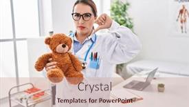  Presentation with pediatrician - PPT theme with young-hispanic-pediatrician-woman-holding background and a coral colored foreground