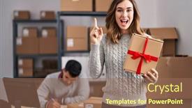  Presentation with young happy people smiling - PPT theme featuring young-hispanic-people-working background and a coral colored foreground