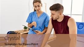  Presentation with diagnosis - Presentation theme having young-hispanic-physioterapist-woman-explain background and a coral colored foreground