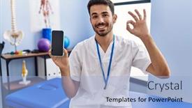  Presentation with physiotherapist - Theme enhanced with young-hispanic-physiotherapist-man-holding background and a light blue colored foreground