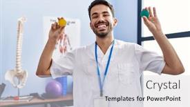  Presentation with physiotherapist - Presentation having young-hispanic-physiotherapist-man-holding background and a light gray colored foreground