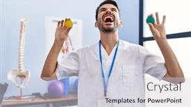  Presentation with strength - Presentation theme having young-hispanic-physiotherapist-man-holding background and a light gray colored foreground