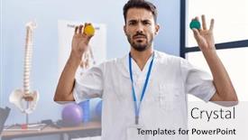  Presentation with strength - Presentation theme having young-hispanic-physiotherapist-man-holding background and a  colored foreground