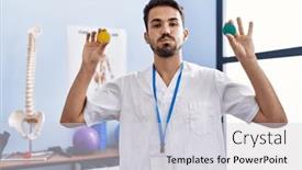 Presentation with strength - PPT theme consisting of young-hispanic-physiotherapist-man-holding background and a light gray colored foreground