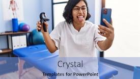  Presentation with physiotherapist - Presentation design having young-hispanic-physiotherapist-woman-holding background and a light blue colored foreground