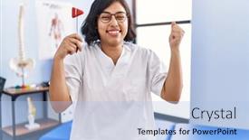  Presentation with physiotherapist - PPT theme with young-hispanic-physiotherapist-woman-holding background and a light blue colored foreground