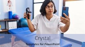  Presentation with physiotherapist - Presentation design having young-hispanic-physiotherapist-woman-holding background and a  colored foreground