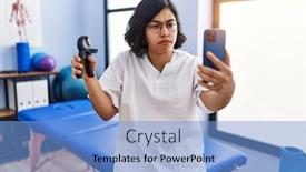  Presentation with muscle - Slides enhanced with young-hispanic-physiotherapist-woman-holding background and a  colored foreground