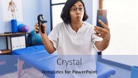  Presentation with muscle - PPT theme having young-hispanic-physiotherapist-woman-holding background and a light blue colored foreground