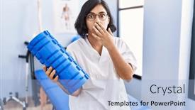 Presentation with foam - Presentation theme consisting of young-hispanic-physiotherapist-woman-holding background and a light blue colored foreground